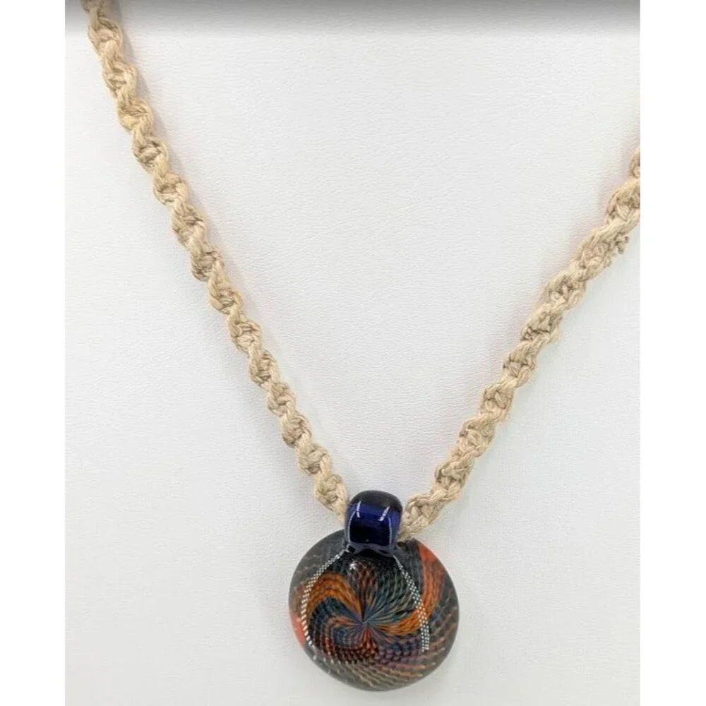 Art Glass Vortex Implosion Pendant Necklace Orange Blue Hemp Cord 21 Inch 34mm - Picture 8 of 12